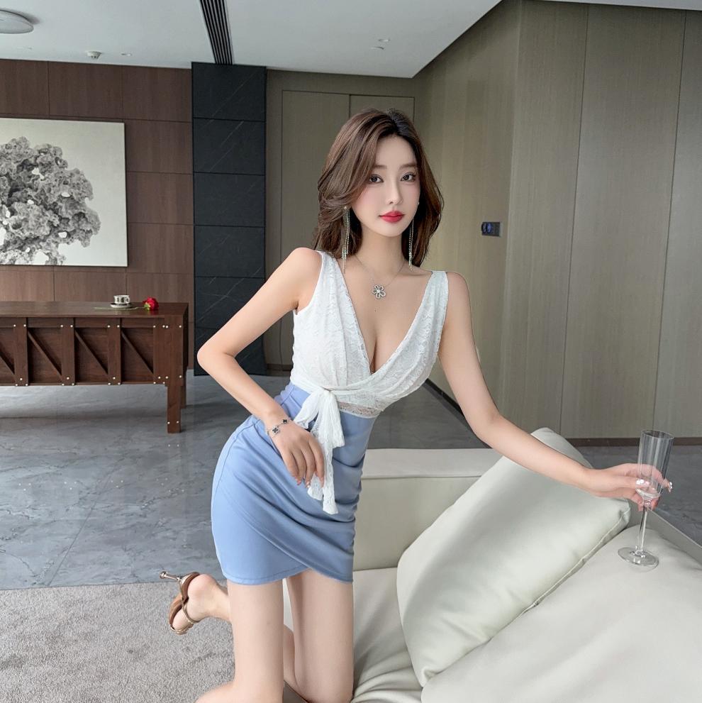 Real shot 8752 in stock sexy lace stitching contrast color sleeveless bottoming vest skirt waist hip short dress - Cozy & Co. Market