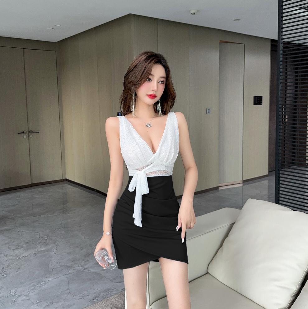 Real shot 8752 in stock sexy lace stitching contrast color sleeveless bottoming vest skirt waist hip short dress - Cozy & Co. Market