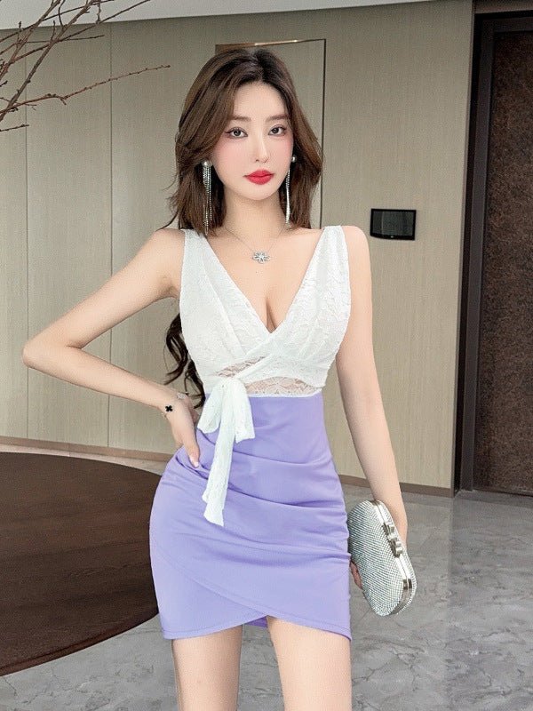 Real shot 8752 in stock sexy lace stitching contrast color sleeveless bottoming vest skirt waist hip short dress - Cozy & Co. Market