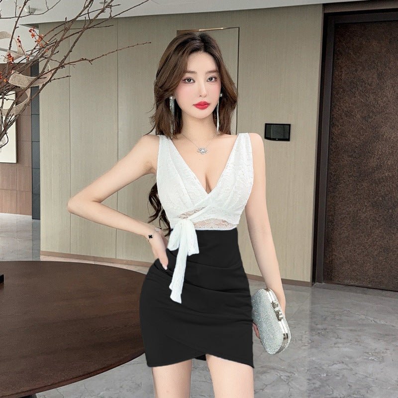 Real shot 8752 in stock sexy lace stitching contrast color sleeveless bottoming vest skirt waist hip short dress - Cozy & Co. Market