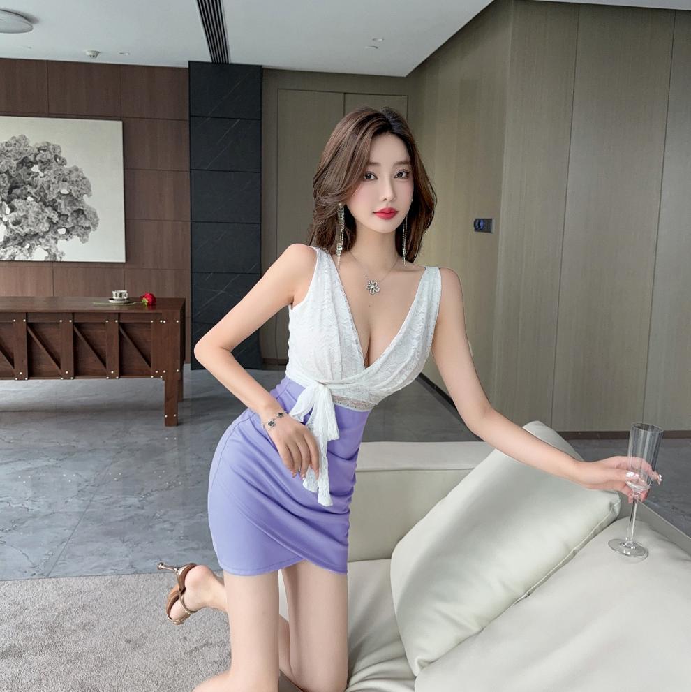 Real shot 8752 in stock sexy lace stitching contrast color sleeveless bottoming vest skirt waist hip short dress - Cozy & Co. Market