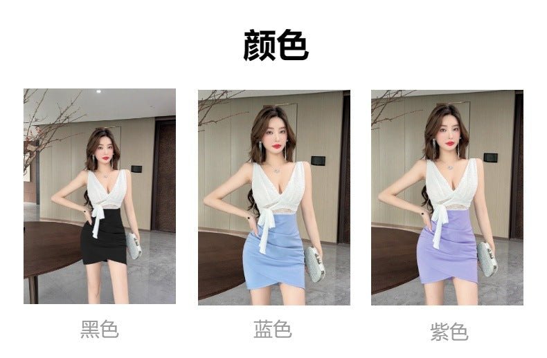 Real shot 8752 in stock sexy lace stitching contrast color sleeveless bottoming vest skirt waist hip short dress - Cozy & Co. Market