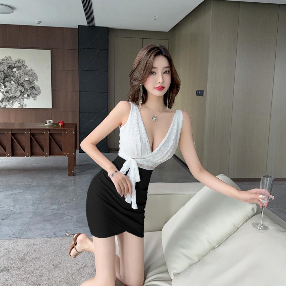 Real shot 8752 in stock sexy lace stitching contrast color sleeveless bottoming vest skirt waist hip short dress - Cozy & Co. Market