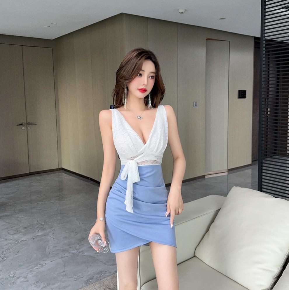 Real shot 8752 in stock sexy lace stitching contrast color sleeveless bottoming vest skirt waist hip short dress - Cozy & Co. Market