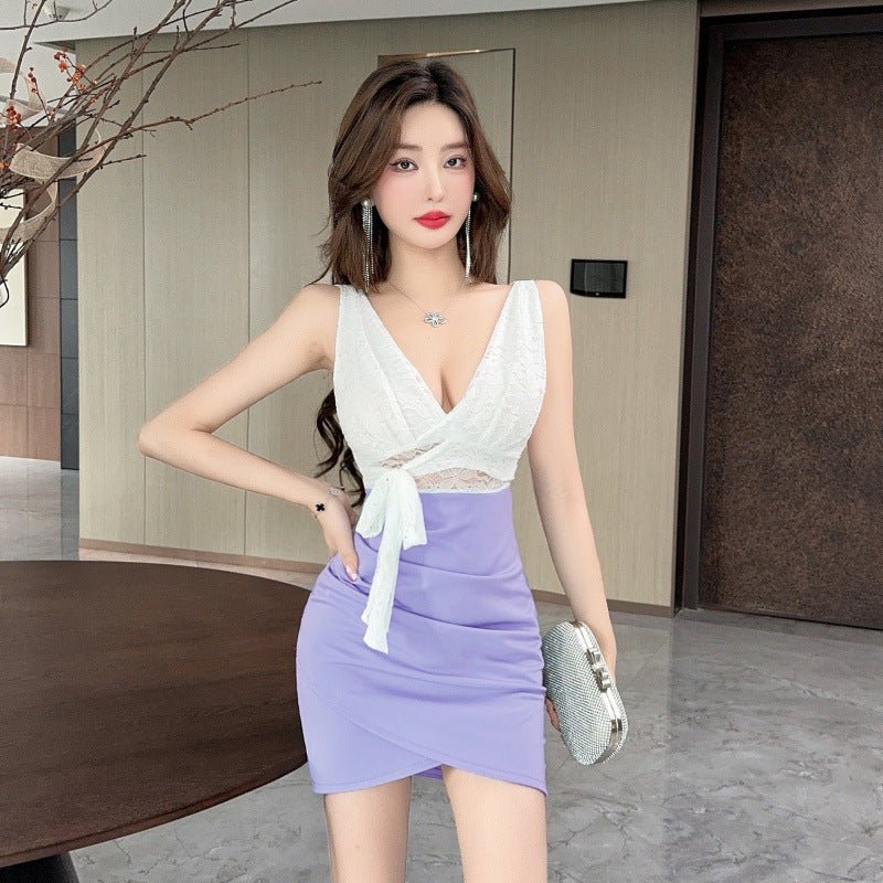 Real shot 8752 in stock sexy lace stitching contrast color sleeveless bottoming vest skirt waist hip short dress - Cozy & Co. Market