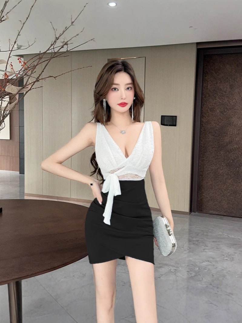 Real shot 8752 in stock sexy lace stitching contrast color sleeveless bottoming vest skirt waist hip short dress - Cozy & Co. Market