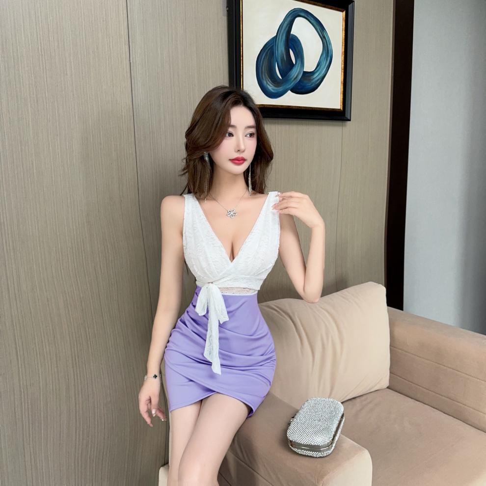 Real shot 8752 in stock sexy lace stitching contrast color sleeveless bottoming vest skirt waist hip short dress - Cozy & Co. Market