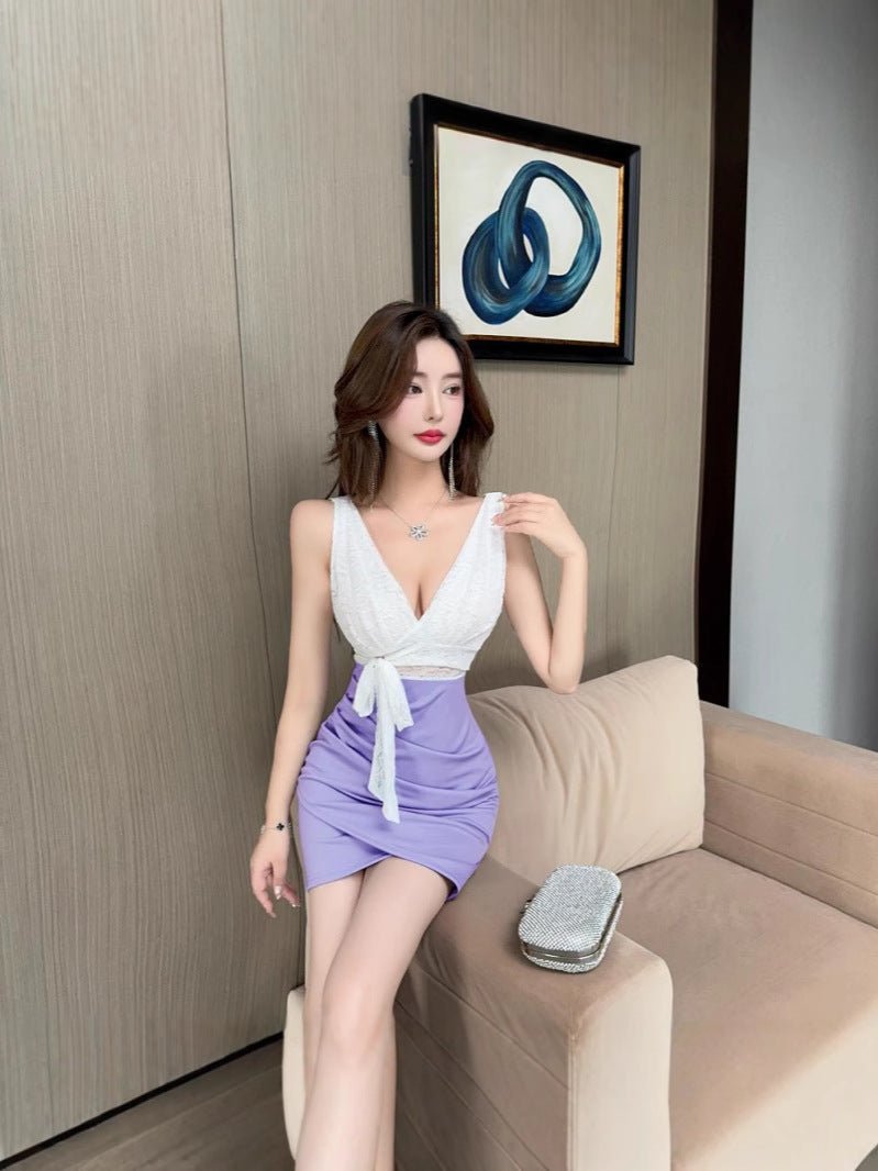 Real shot 8752 in stock sexy lace stitching contrast color sleeveless bottoming vest skirt waist hip short dress - Cozy & Co. Market