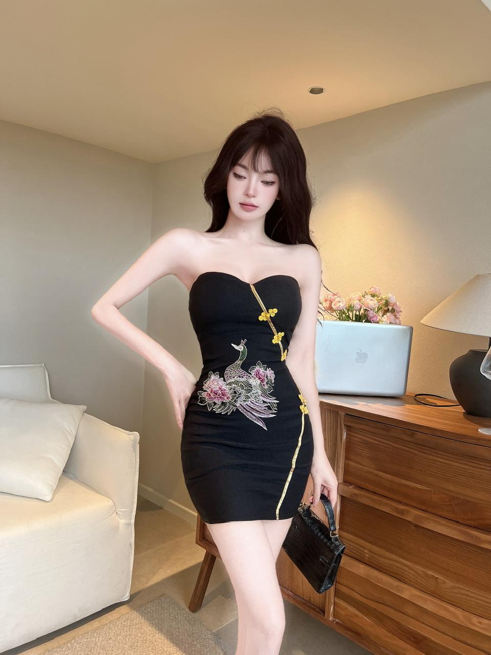Real shot 8772 in stock new Chinese sexy cheongsam tube top dress women's hot girls sleeveless waist hip skirt - Cozy & Co. Market