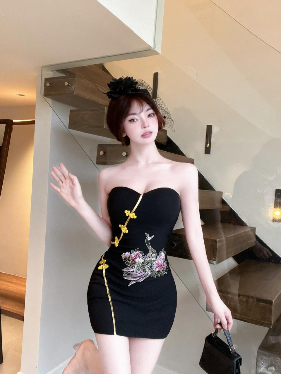 Real shot 8772 in stock new Chinese sexy cheongsam tube top dress women's hot girls sleeveless waist hip skirt - Cozy & Co. Market