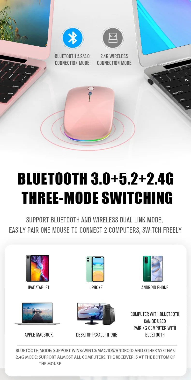 Rechargeable Bluetooth Wireless Mouse with 2.4GHz USB RGB 1600DPI Mouse for Computer Laptop Tablet PC Macbook Gaming Mouse Gamer - Cozy & Co. Market