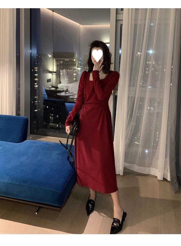Red dress Women's French Long-sleeved Engagement Dress Daily Wear Hepburn Little Red Dress High-end Elegant Autumn and Winter - Cozy & Co. Market