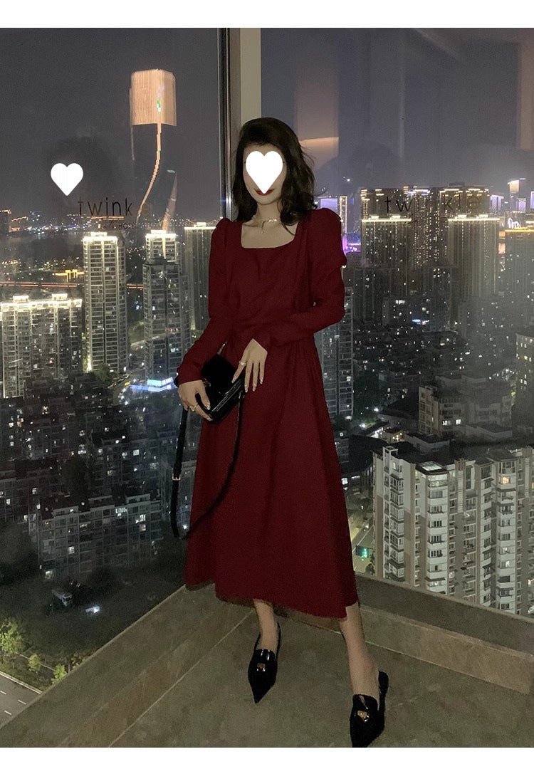 Red dress Women's French Long-sleeved Engagement Dress Daily Wear Hepburn Little Red Dress High-end Elegant Autumn and Winter - Cozy & Co. Market