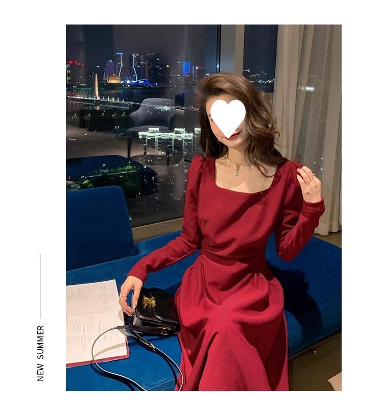 Red dress Women's French Long-sleeved Engagement Dress Daily Wear Hepburn Little Red Dress High-end Elegant Autumn and Winter - Cozy & Co. Market