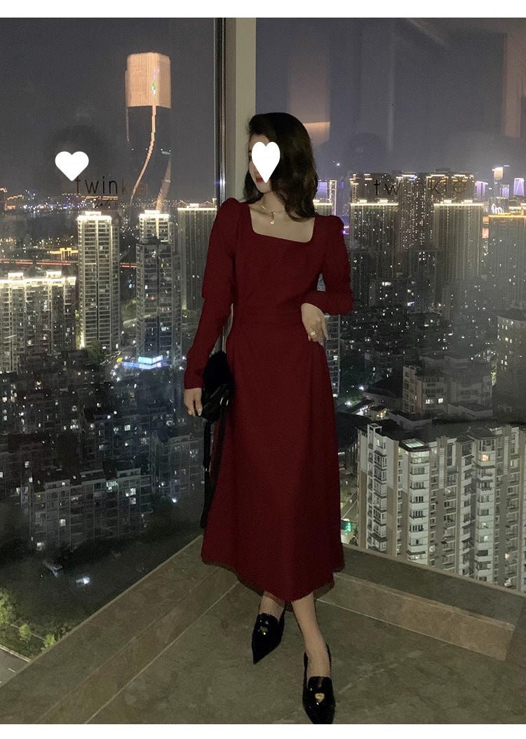 Red dress Women's French Long-sleeved Engagement Dress Daily Wear Hepburn Little Red Dress High-end Elegant Autumn and Winter - Cozy & Co. Market