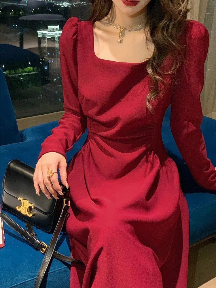 Red dress Women's French Long-sleeved Engagement Dress Daily Wear Hepburn Little Red Dress High-end Elegant Autumn and Winter - Cozy & Co. Market