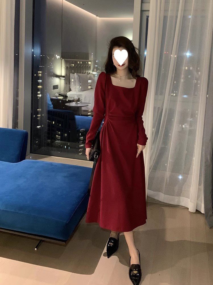 Red dress Women's French Long-sleeved Engagement Dress Daily Wear Hepburn Little Red Dress High-end Elegant Autumn and Winter - Cozy & Co. Market
