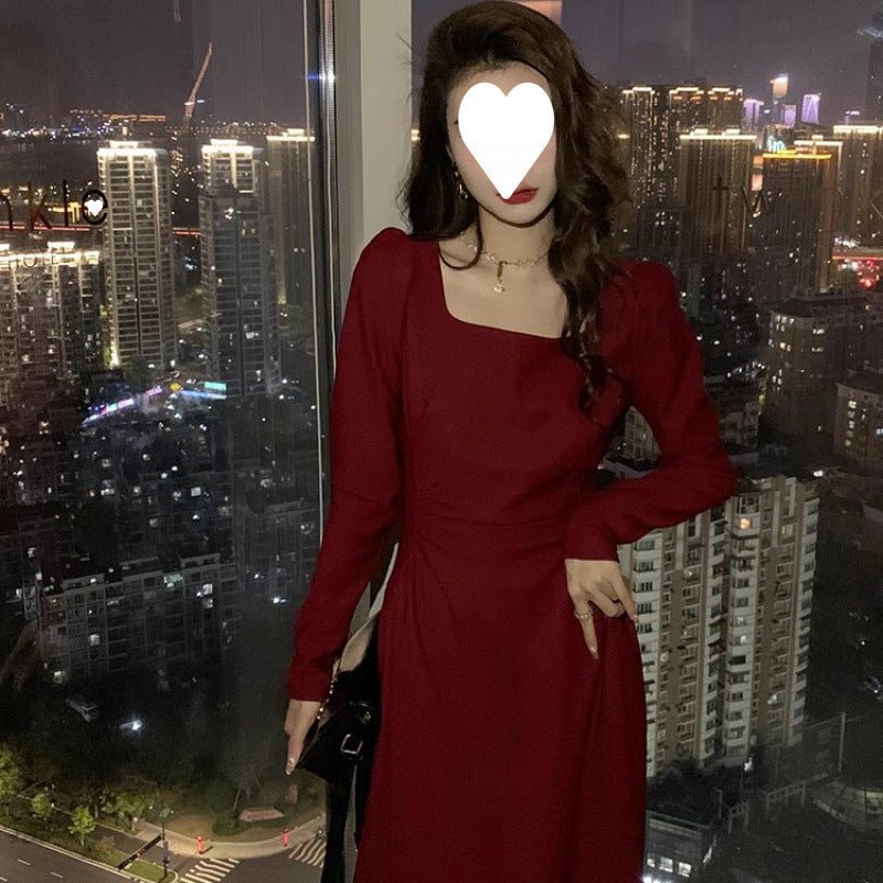 Red dress Women's French Long-sleeved Engagement Dress Daily Wear Hepburn Little Red Dress High-end Elegant Autumn and Winter - Cozy & Co. Market