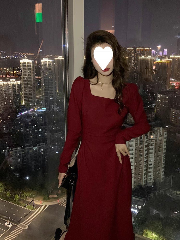 Red dress Women's French Long-sleeved Engagement Dress Daily Wear Hepburn Little Red Dress High-end Elegant Autumn and Winter - Cozy & Co. Market