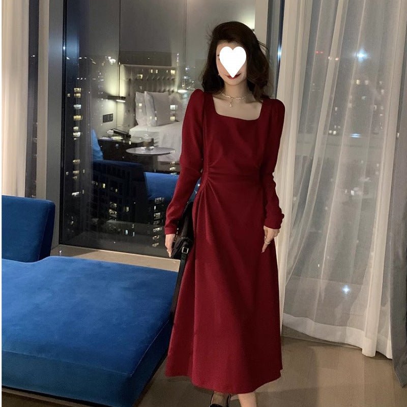 Red dress Women's French Long-sleeved Engagement Dress Daily Wear Hepburn Little Red Dress High-end Elegant Autumn and Winter - Cozy & Co. Market