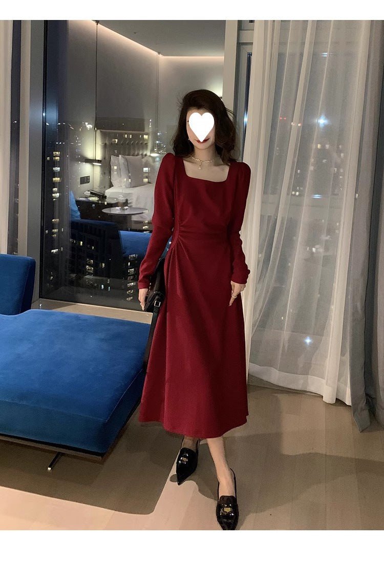 Red dress Women's French Long-sleeved Engagement Dress Daily Wear Hepburn Little Red Dress High-end Elegant Autumn and Winter - Cozy & Co. Market