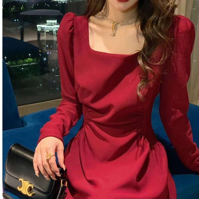 Red dress Women's French Long-sleeved Engagement Dress Daily Wear Hepburn Little Red Dress High-end Elegant Autumn and Winter - Cozy & Co. Market