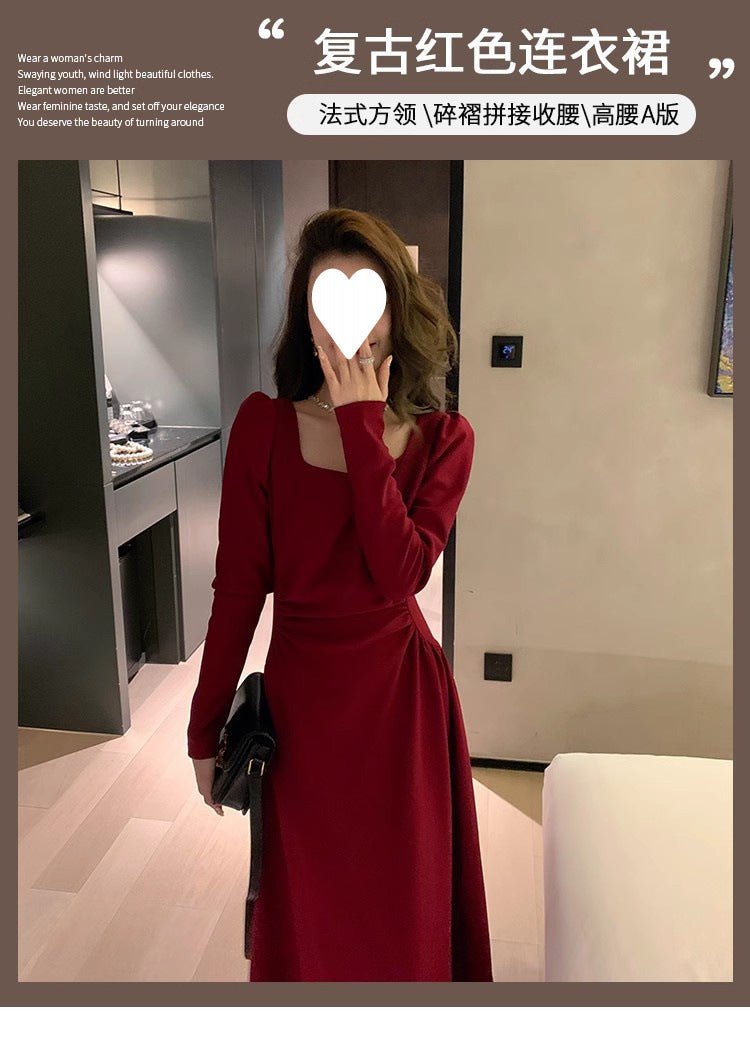 Red dress Women's French Long-sleeved Engagement Dress Daily Wear Hepburn Little Red Dress High-end Elegant Autumn and Winter - Cozy & Co. Market
