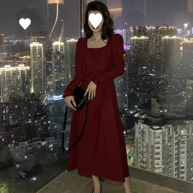 Red dress Women's French Long-sleeved Engagement Dress Daily Wear Hepburn Little Red Dress High-end Elegant Autumn and Winter - Cozy & Co. Market
