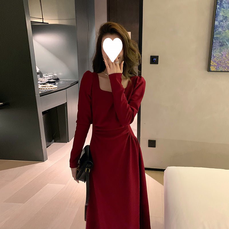 Red dress Women's French Long-sleeved Engagement Dress Daily Wear Hepburn Little Red Dress High-end Elegant Autumn and Winter - Cozy & Co. Market