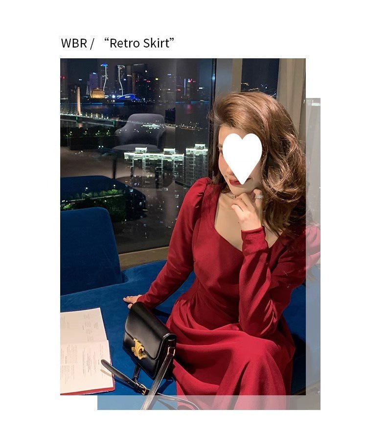 Red dress Women's French Long-sleeved Engagement Dress Daily Wear Hepburn Little Red Dress High-end Elegant Autumn and Winter - Cozy & Co. Market
