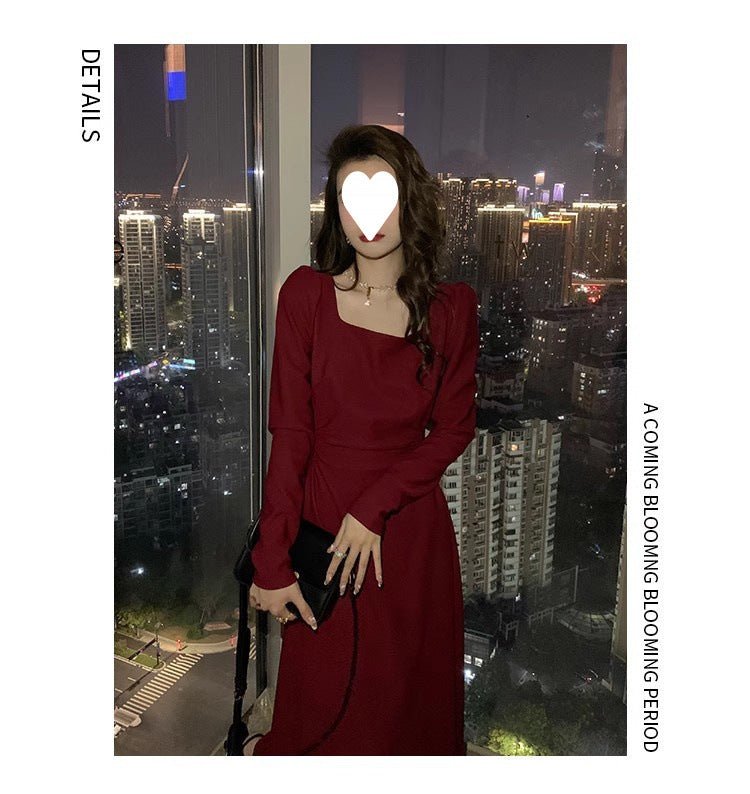 Red dress Women's French Long-sleeved Engagement Dress Daily Wear Hepburn Little Red Dress High-end Elegant Autumn and Winter - Cozy & Co. Market