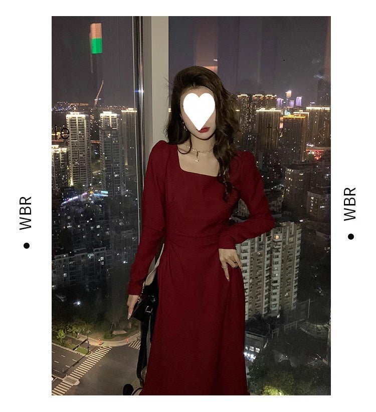 Red dress Women's French Long-sleeved Engagement Dress Daily Wear Hepburn Little Red Dress High-end Elegant Autumn and Winter - Cozy & Co. Market