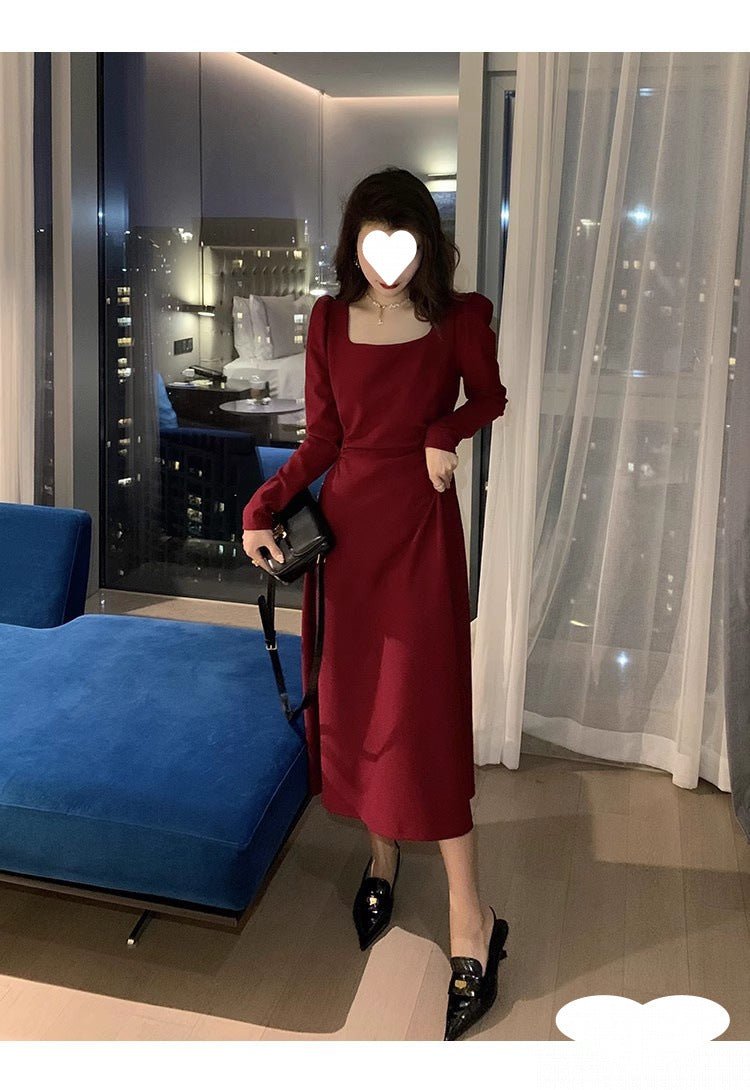Red dress Women's French Long-sleeved Engagement Dress Daily Wear Hepburn Little Red Dress High-end Elegant Autumn and Winter - Cozy & Co. Market