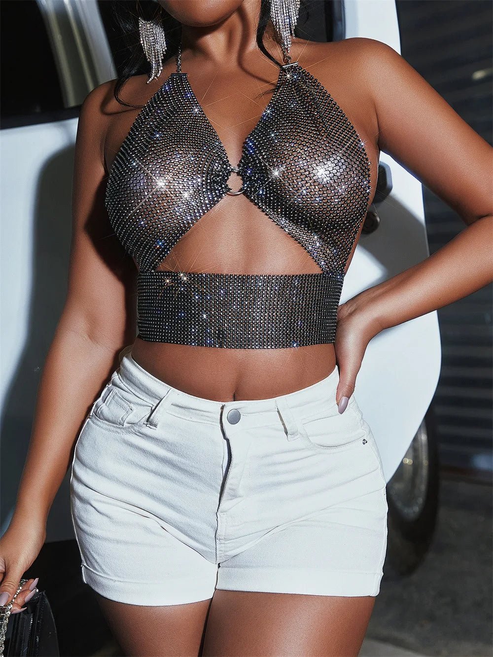 Rhinestone Backless Sequined Crystal Bikini Chain Bra Panties Short Fish Mesh Hallow Out Crop Top Body ChainJewely Camis - Cozy & Co. Market