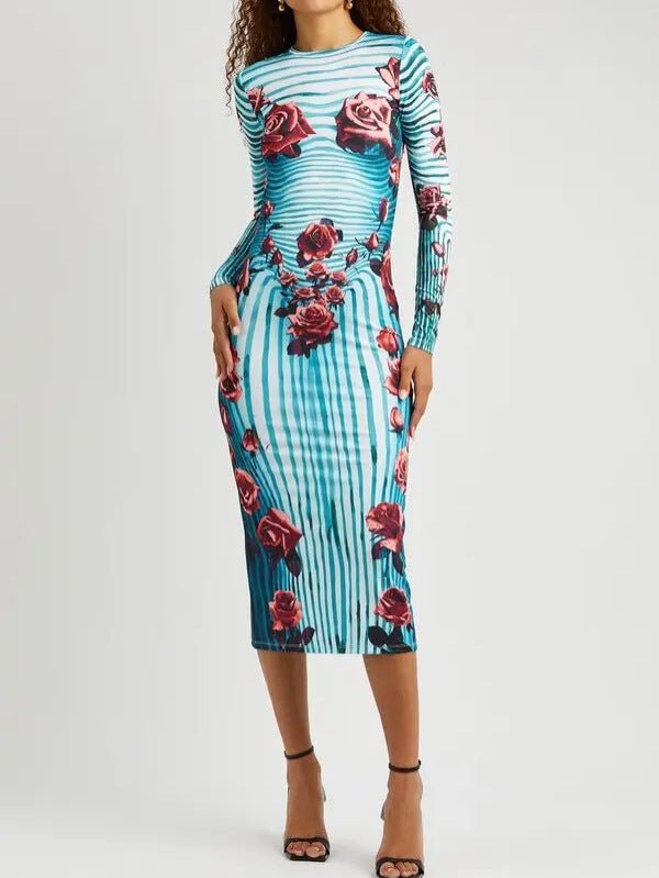 Rose Print Striped Long-sleeved dress 2024 Summer New Elegant Slim-fit Sheath Long Dress for Women - Cozy & Co. Market