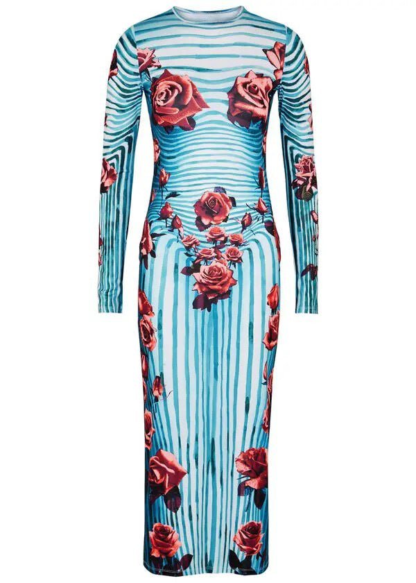 Rose Print Striped Long-sleeved dress 2024 Summer New Elegant Slim-fit Sheath Long Dress for Women - Cozy & Co. Market