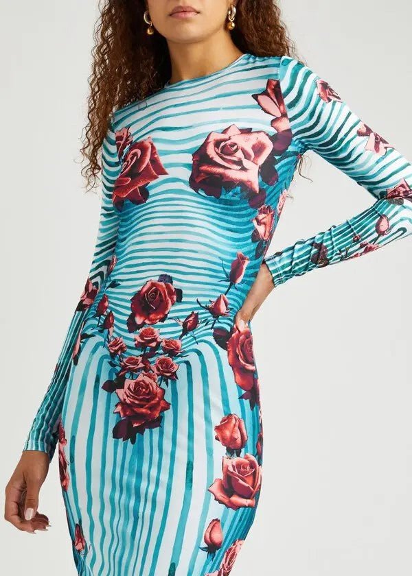 Rose Print Striped Long-sleeved dress 2024 Summer New Elegant Slim-fit Sheath Long Dress for Women - Cozy & Co. Market