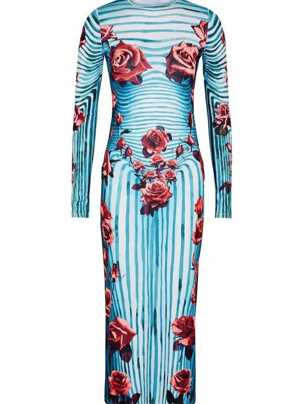 Rose Print Striped Long-sleeved dress 2024 Summer New Elegant Slim-fit Sheath Long Dress for Women - Cozy & Co. Market