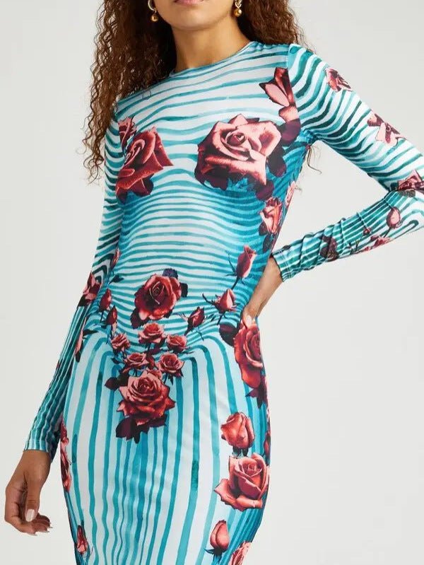 Rose Print Striped Long-sleeved dress 2024 Summer New Elegant Slim-fit Sheath Long Dress for Women - Cozy & Co. Market