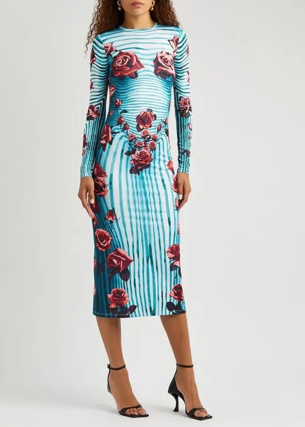 Rose Print Striped Long-sleeved dress 2024 Summer New Elegant Slim-fit Sheath Long Dress for Women - Cozy & Co. Market