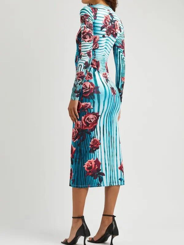 Rose Print Striped Long-sleeved dress 2024 Summer New Elegant Slim-fit Sheath Long Dress for Women - Cozy & Co. Market