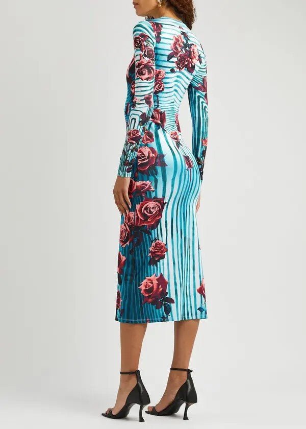 Rose Print Striped Long-sleeved dress 2024 Summer New Elegant Slim-fit Sheath Long Dress for Women - Cozy & Co. Market