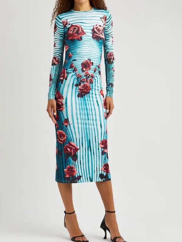 Rose Print Striped Long-sleeved dress 2024 Summer New Elegant Slim-fit Sheath Long Dress for Women - Cozy & Co. Market