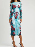 Rose Print Striped Long-sleeved dress 2024 Summer New Elegant Slim-fit Sheath Long Dress for Women - Cozy & Co. Market