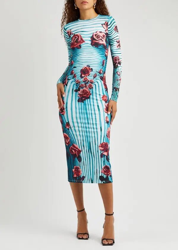 Rose Print Striped Long-sleeved dress 2024 Summer New Elegant Slim-fit Sheath Long Dress for Women - Cozy & Co. Market
