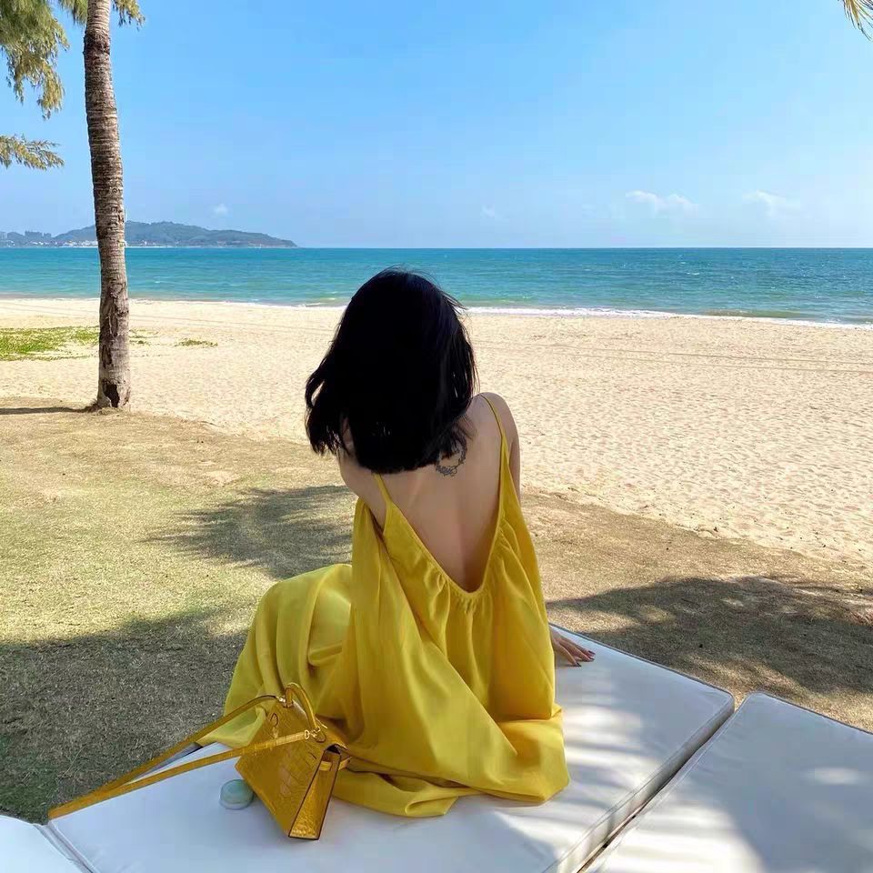 Seaside Photo Super Fairy Yellow Sling dress Yunnan Sanya Travel Wear Long Dress Holiday Backless Fairy Dress - Cozy & Co. Market