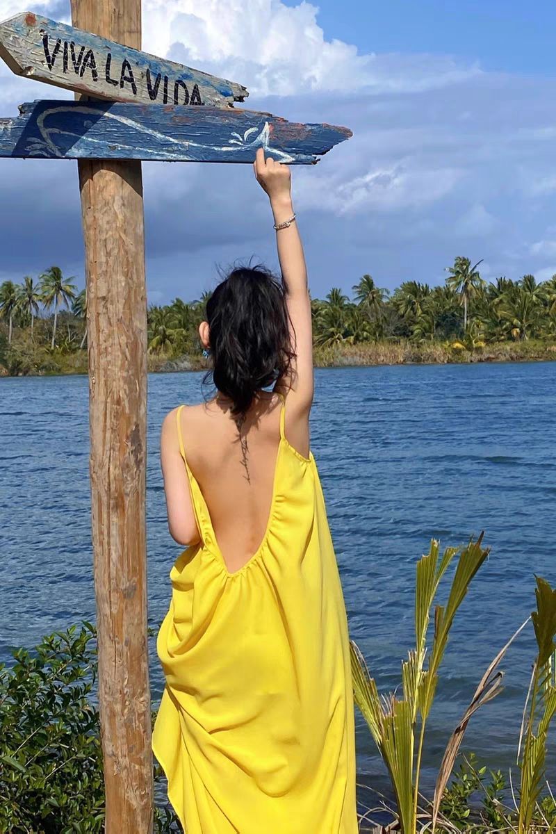 Seaside Photo Super Fairy Yellow Sling dress Yunnan Sanya Travel Wear Long Dress Holiday Backless Fairy Dress - Cozy & Co. Market