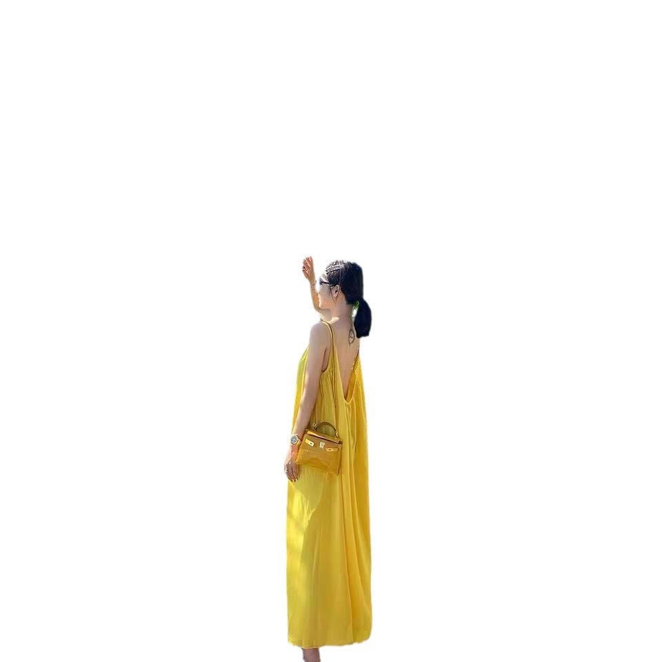 Seaside Photo Super Fairy Yellow Sling dress Yunnan Sanya Travel Wear Long Dress Holiday Backless Fairy Dress - Cozy & Co. Market