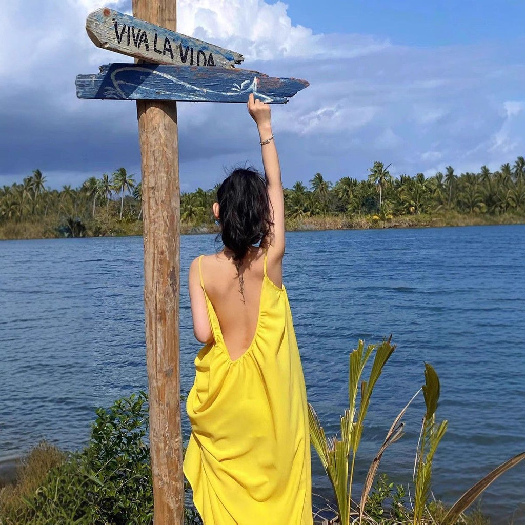Seaside Photo Super Fairy Yellow Sling dress Yunnan Sanya Travel Wear Long Dress Holiday Backless Fairy Dress - Cozy & Co. Market