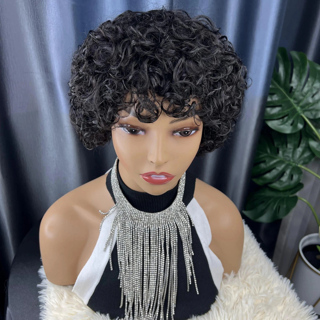 Short Bob Pixie Cut Water Wave Glueless Human Hair Wig None Lace Front Wig with Bangs Natural Black Full Machine Made Fringe Wig - Cozy & Co. Market